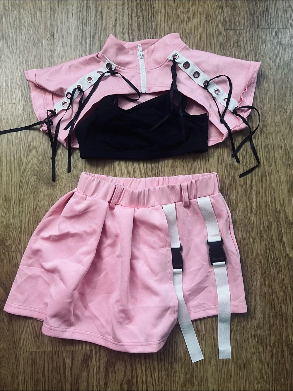 Kids Pink Dance Costume Set with Black Crop Top